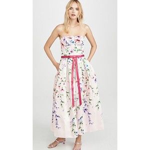 MARCHESA NOTTE Floral Blush Strapless Corset Mikado Pique Midi Tea Gown 6 = S